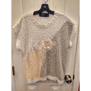 Vintage David Brett Womens Sweater Short Sleeve Rose White Pink Open Knit Top